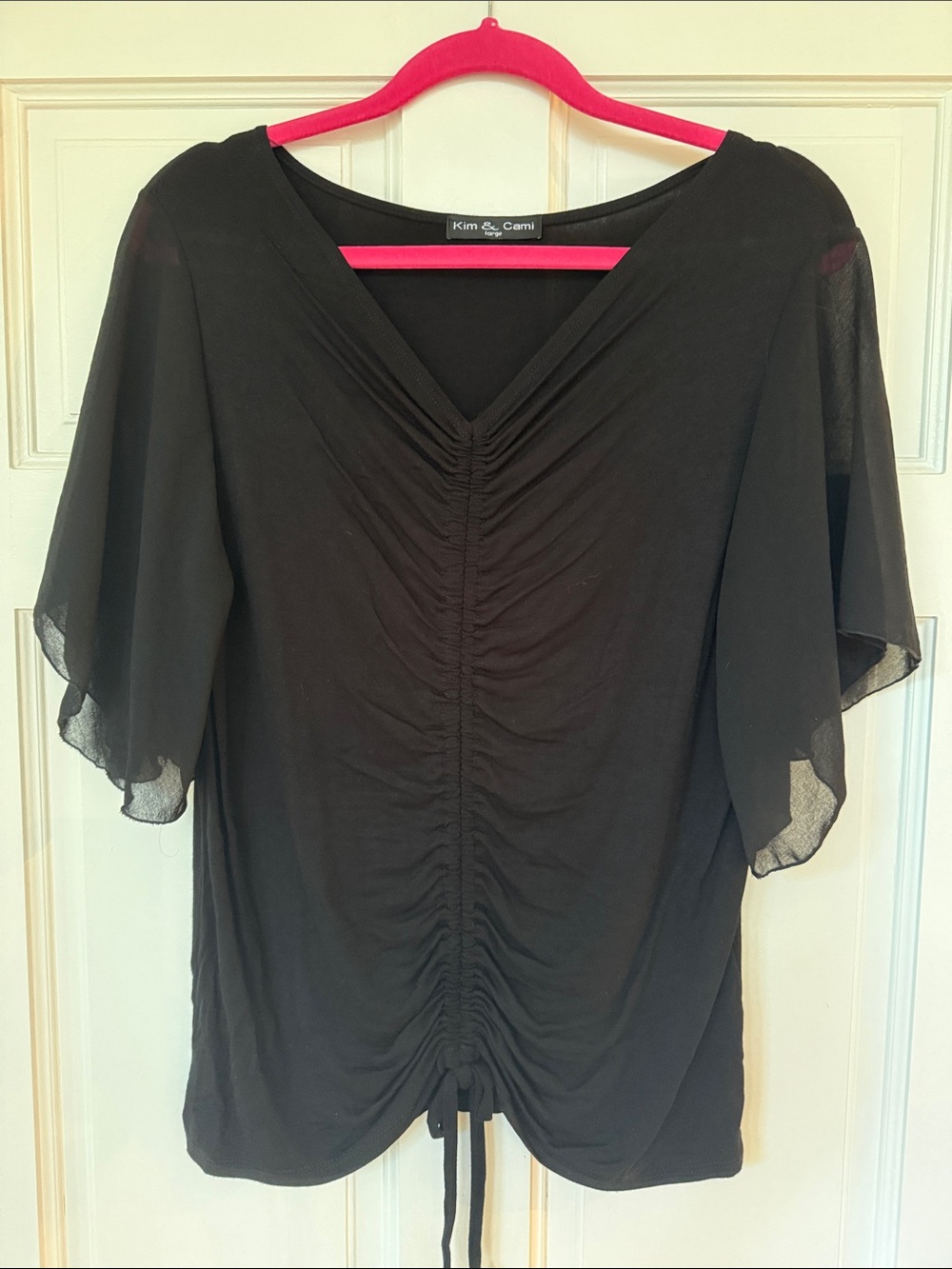 Kim & Cami Black Ruched V-Neck Flutter Sleeve Top